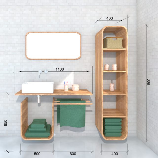 Design bathroom set Rinse & Fold front including dimensions